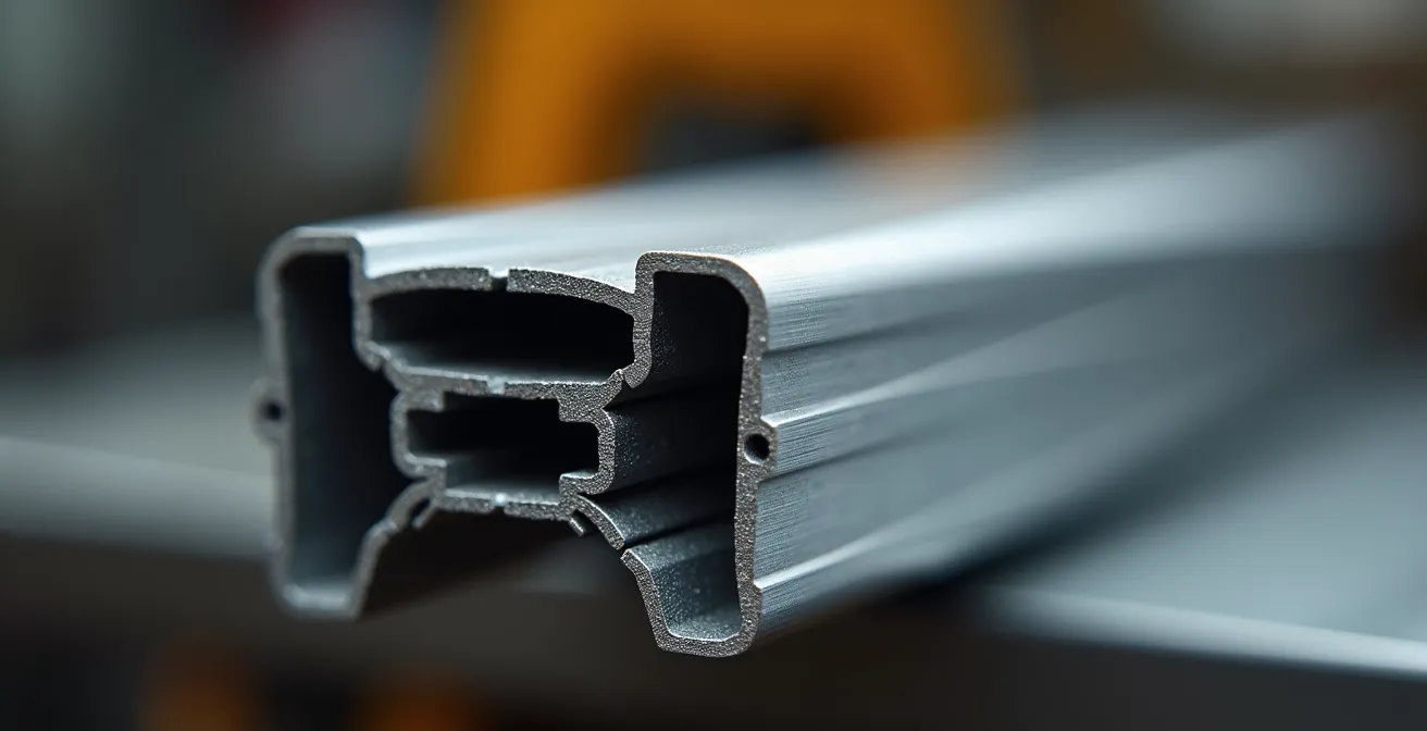 Gros plan sur profilé aluminium thermolaqué haute qualité montrant la finition et l'épaisseur caractéristiques de la fabrication française