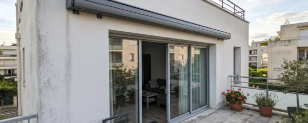 Terrasse française contemporaine avec store banne en position fermée, coffre intégral visible sur façade blanche