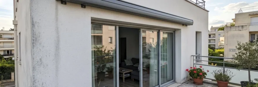 Terrasse française contemporaine avec store banne en position fermée, coffre intégral visible sur façade blanche