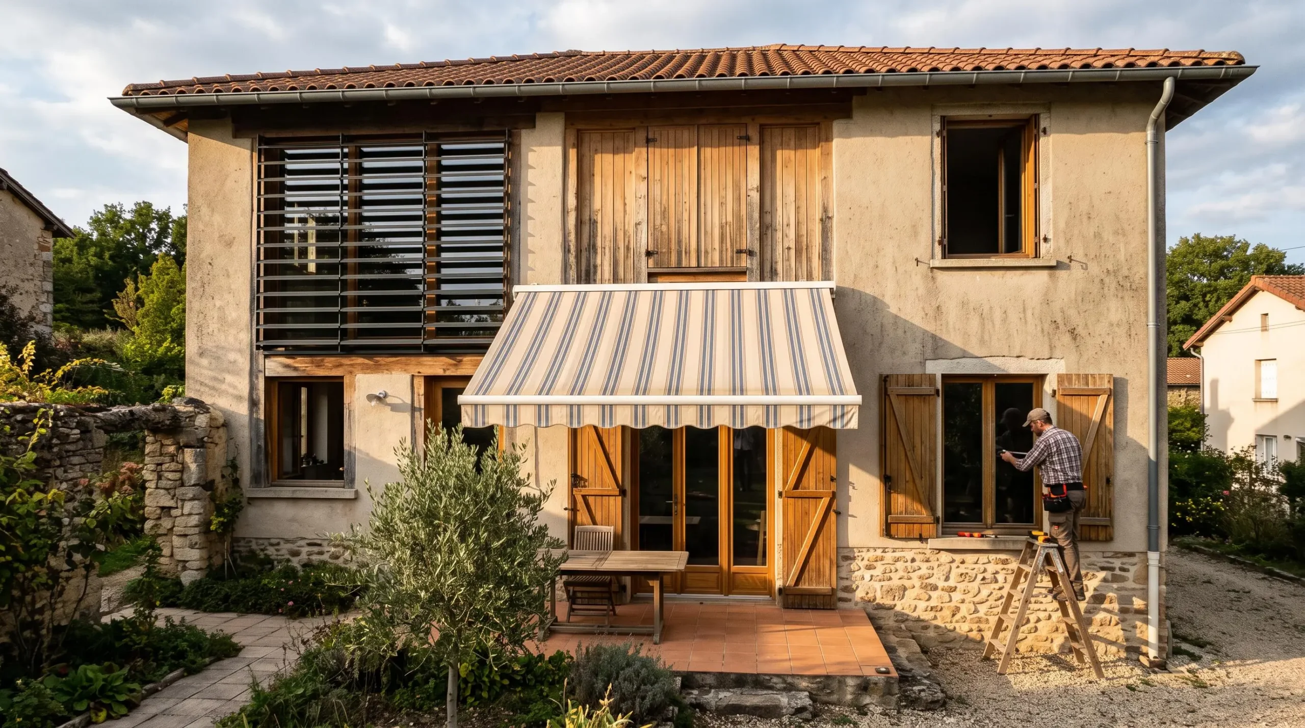 Une façade de maison équipée de brise-soleil, d'un store et de volets sous le soleil de l'après-midi.